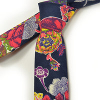 Wedding Mens Necktie navy blue with yellow red green flowers - Thumbnail 3