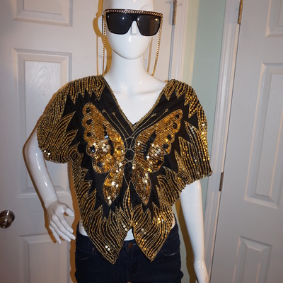 Vintage black/gold butterfly sequins top size s