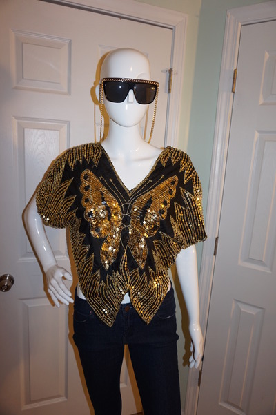 Vintage black/gold butterfly sequins top size s