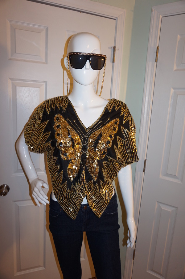 Vintage Black/Gold Butterfly Sequins Top Size S