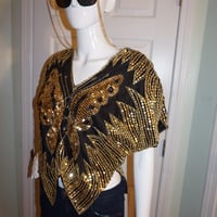 Vintage Black/Gold Butterfly Sequins Top Size S - Thumbnail 3