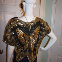 Vintage Black/Gold Butterfly Sequins Top Size S - Thumbnail 4