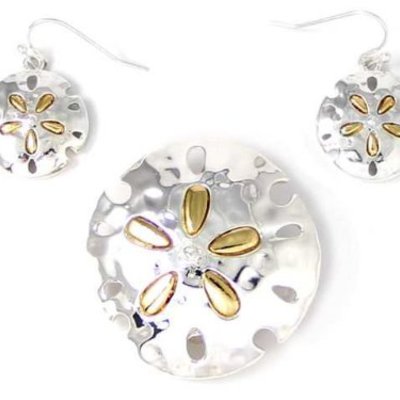 Sand dollar earrings w/pendant hammered metal texture-color: silver/gold-womens