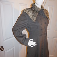 Vintage Gray Wool Coat with Curly Lamb Collar Size S-M - Thumbnail 1