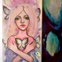 Sending Butterflies * 7x14 original whimsical painting - Thumbnail 2