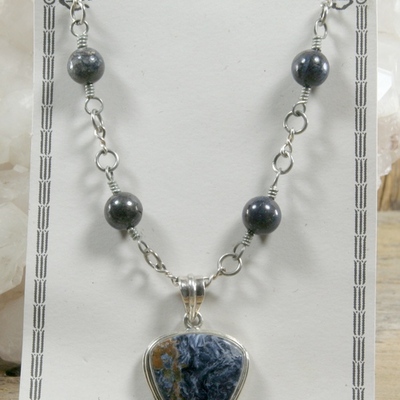 Blue pietersite beads and pendant on silver chain