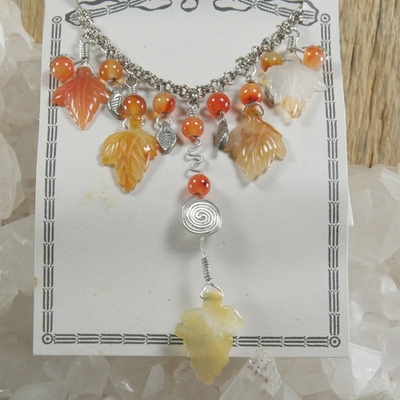 Carnelian leaves and beads on silver chain necklace - Thumbnail 1