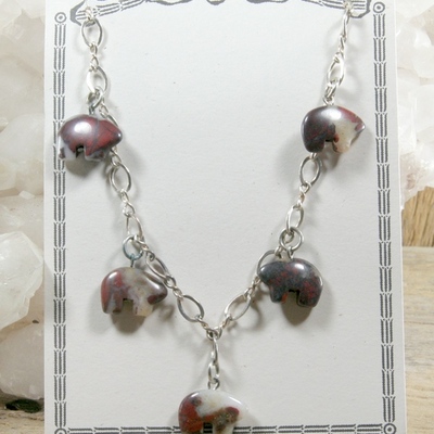 Brecciated jasper spirit bear on silver chain necklace