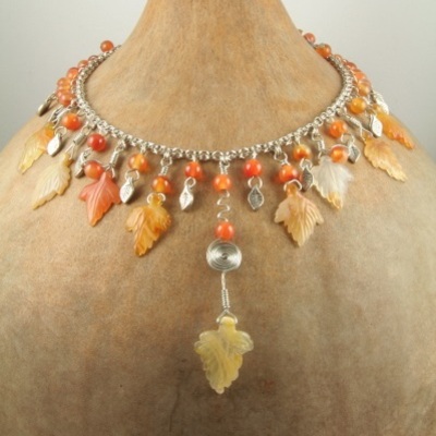 Carnelian leaves and beads on silver chain necklace