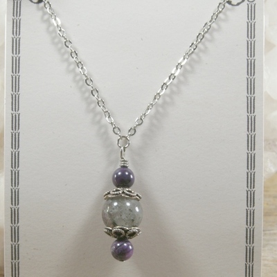 Tourmalated quartz and sugilite pendant on silver chain necklace