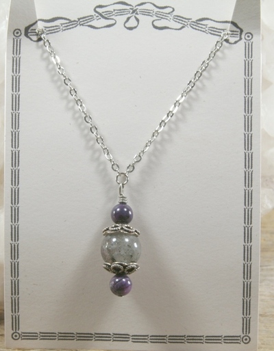 Tourmalated Quartz and Sugilite Pendant on Silver Chain Necklace