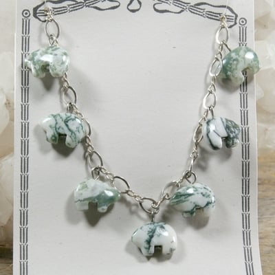 Tree agate spirit bears on silver chain necklace