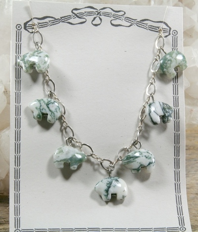 Tree Agate Spirit Bears on Silver Chain Necklace