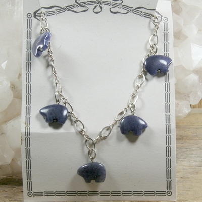 Blue aventurine spirit bears on silver chain necklace