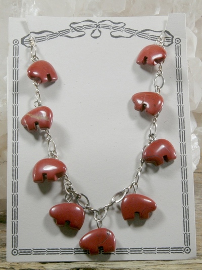Red Jasper Spirit Bear on Silver Chain Necklace