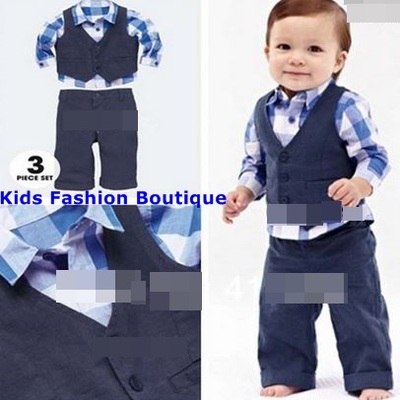 Boys 3-pcs pants, shirt & vest outfit. 100% cotton.