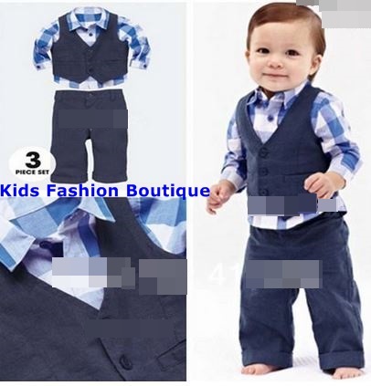 Boys 3-Pcs Pants, Shirt & Vest Outfit. 100% Cotton.