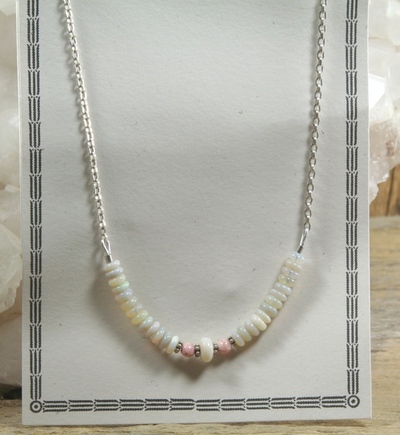 White Opal and Rhodochrosite on Silver Chain Necklace