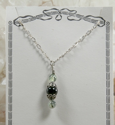 Onyx and Green Tourmalated Quartz Pendant on Silver Chain Necklace