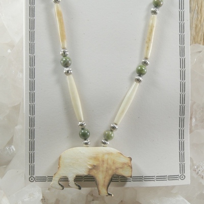 Unakite and bone with carved bone bear pendant on silver chain necklace