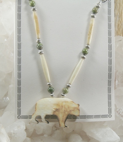 Unakite and Bone with Carved Bone Bear Pendant on Silver Chain Necklace