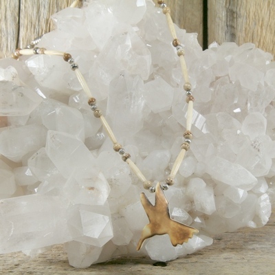 Carved bone hummingbird with picture jasper and bone necklace