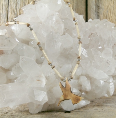 Carved Bone Hummingbird with Picture Jasper and Bone Necklace
