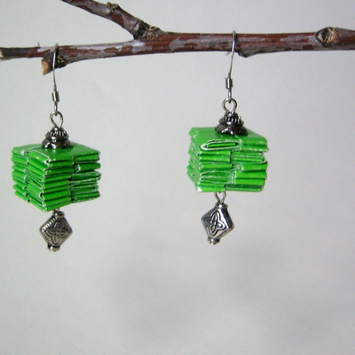 Rescued green gift wrap earrings