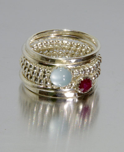 Aquamarine & Ruby Stacking Mothers rings, Personalized Rings - Birthstone Rings, Gemstone Rings, March birthstone ring, July birthstone ring