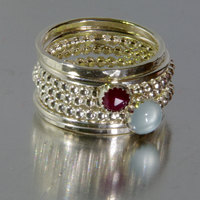 Aquamarine & Ruby Stacking Mothers rings, Personalized Rings - Birthstone Rings, Gemstone Rings, March birthstone ring, July birthstone ring - Thumbnail 1