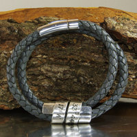 Men&#39;s Jewelry - Leather Cuff Bracelet CUSTOM Stamped message - anniversary  wedding gift - latitude longitude - EcoFriendly Designer Quality - Thumbnail 2