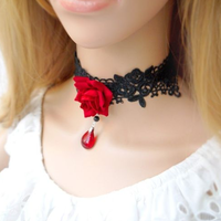 ROMANTIC GOTHIC LACE BLACK CHOKER TASSEL NECK COLLAR HANDMADE ROSE NECKLACE - Thumbnail 1