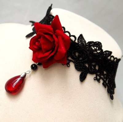 ROMANTIC GOTHIC LACE BLACK CHOKER TASSEL NECK COLLAR HANDMADE ROSE NECKLACE