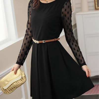 2014 free shipping autumn ladies cute cotton blends pleated above knee plain womens dresses 023-141202015