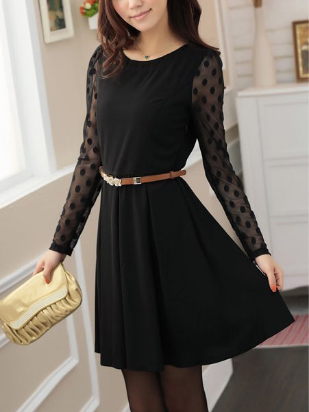 2014 Free Shipping Autumn Ladies Cute Cotton Blends Pleated Above Knee Plain Womens Dresses 023-141202015