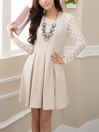 2014 free shipping autumn ladies cute cotton blends pleated above knee plain womens dresses 023-141202015