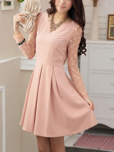 2014 free shipping autumn ladies cute cotton blends pleated above knee plain womens dresses 023-141202015