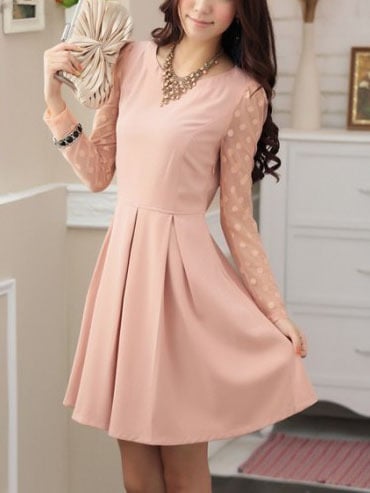 2014 Free Shipping Autumn Ladies Cute Cotton Blends Pleated Above Knee Plain Womens Dresses 023-141202015