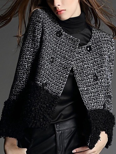 Fashion tweed long sleeve o-neck double breasted plaid womens coats 026-141204001