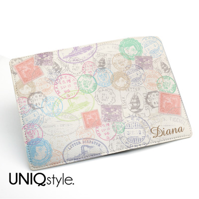 Vintage stamp pattern custom personalised pu leather passport holder - custom made with name initial - travel wallet travel holder - w15