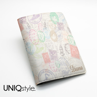 Vintage stamp pattern Custom Personalised pu leather Passport Holder - custom made with name initial - travel wallet travel holder - W15