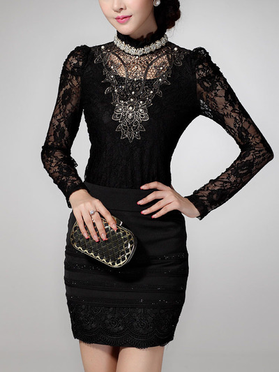 Fashion lace long sleeve turtleneck pullover plain womens blouses024-141205002