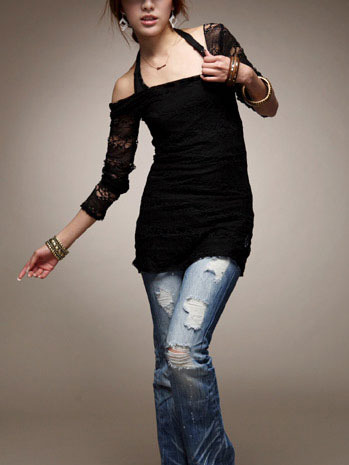 Sexy Lace Long Sleeve Slash Neck Pullover Plain Womens T-Shirts 025-141205023