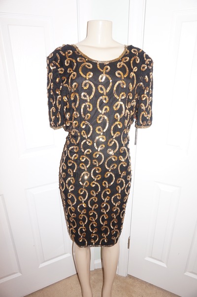Vintage stenay black/gold sequins dress size xl 