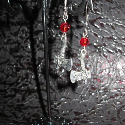 Axe earrings with blood red crystals