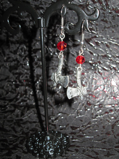 Axe Earrings with Blood Red Crystals