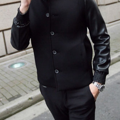 Patchwork turn-down collar long sleeve cotton single breasted mens jackets 011-141208006