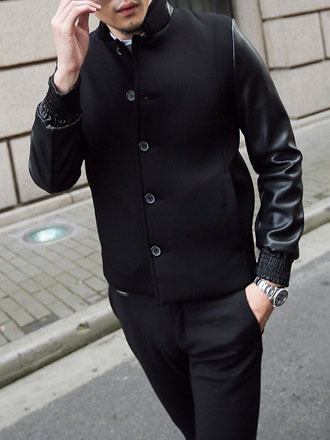 Patchwork turn-down collar long sleeve cotton single breasted mens jackets 011-141208006