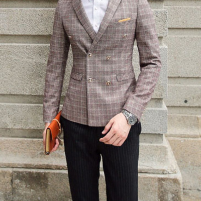 Plaid notched long sleeve cotton blends double breasted mens suits 017-141208001