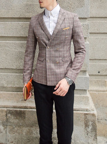 Plaid Notched Long Sleeve Cotton Blends Double Breasted Mens Suits 017-141208001